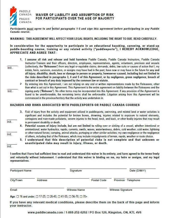 Paddle Canada Waiver